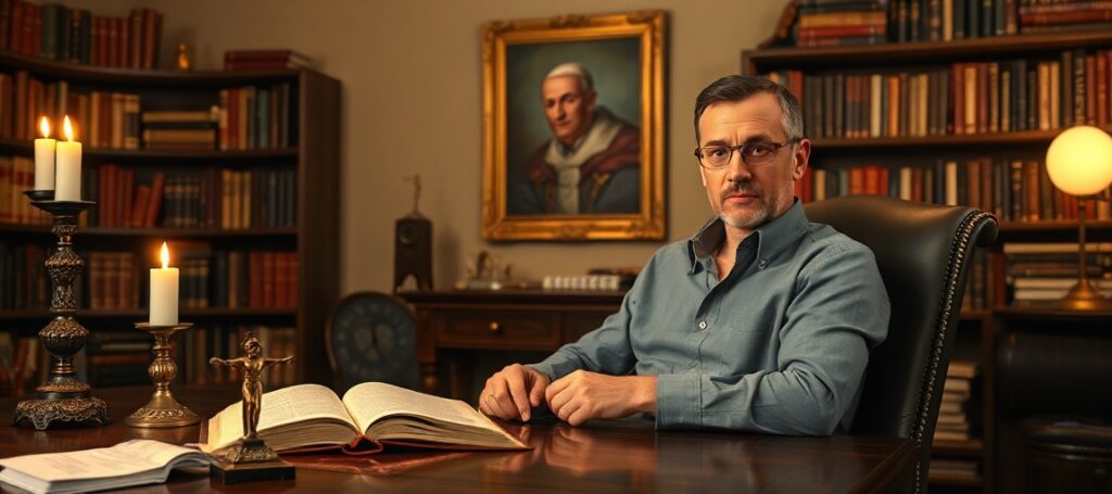 A scholarly man in a study with scientific books and a crucifix on the desk.