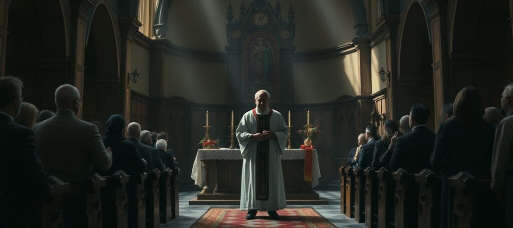 A fallen priest in handcuffs inside a traditional Catholic church, symbolizing moral decay and betrayal within the conciliar sect.