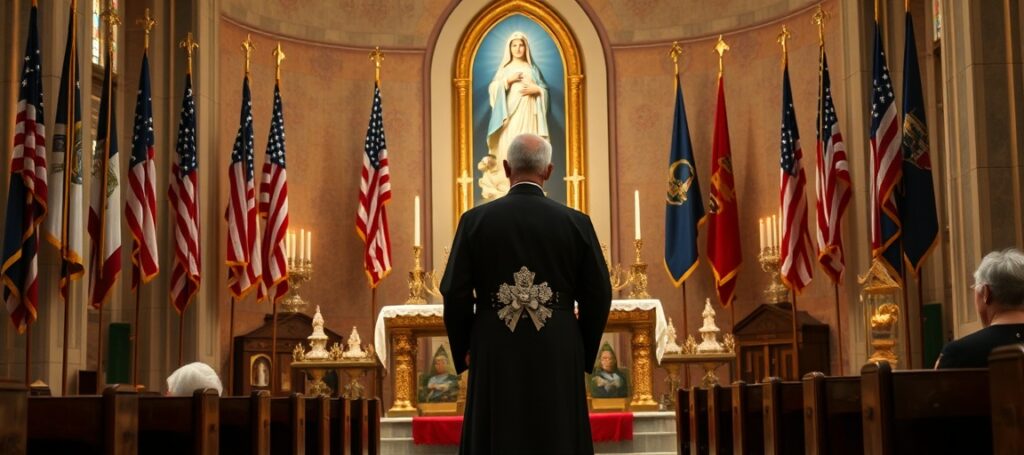 Catholic priest leading Masonic novena at false Marian shrine in Wisconsin with false relics and American flags