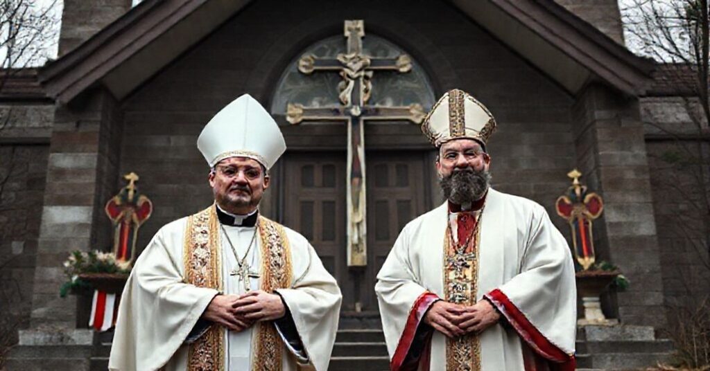False archbishops Stephen Hero and Father Susai Jesu in front of a desecrated Novus Ordo church in Canada