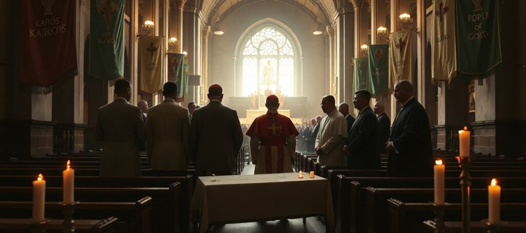 False bishops of Equatorial Guinea in a decaying cathedral preparing for antipope Leo XIV's visit, symbolizing modernist apostasy.