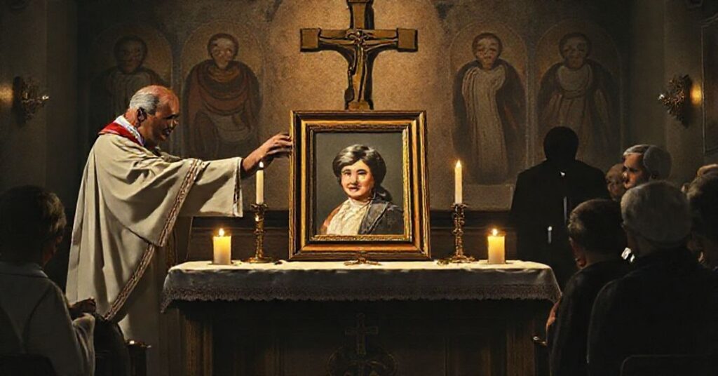 A somber depiction of the false canonization of Ruth Pakaluk by the conciliar sect, showing traditional Catholics in a dimly lit chapel witnessing the event with sorrow and resignation.