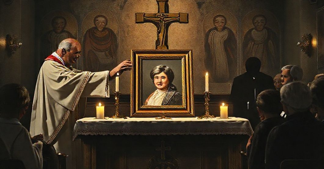 A somber depiction of the false canonization of Ruth Pakaluk by the conciliar sect, showing traditional Catholics in a dimly lit chapel witnessing the event with sorrow and resignation.