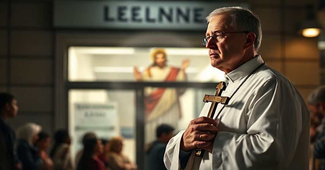 False Charity: The Betrayal of Christ's Social Kingship A Catholic priest holding a crucifix stands before a welfare office line, symbolizing the conflict between divine kingship and secular charity