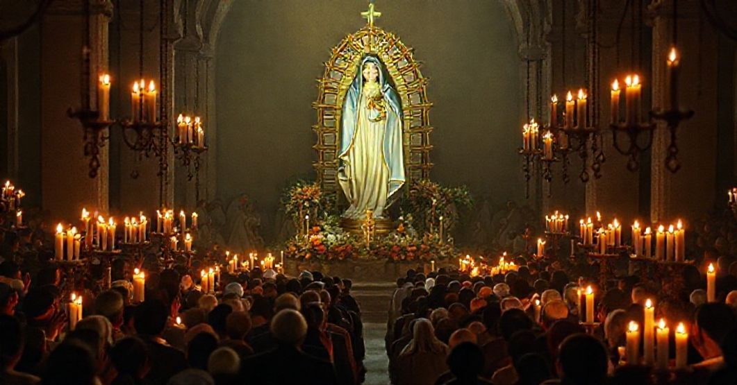 A solemn depiction of the false Fatima shrine in Portugal, with traditional Catholic pilgrims gathered in prayer.
