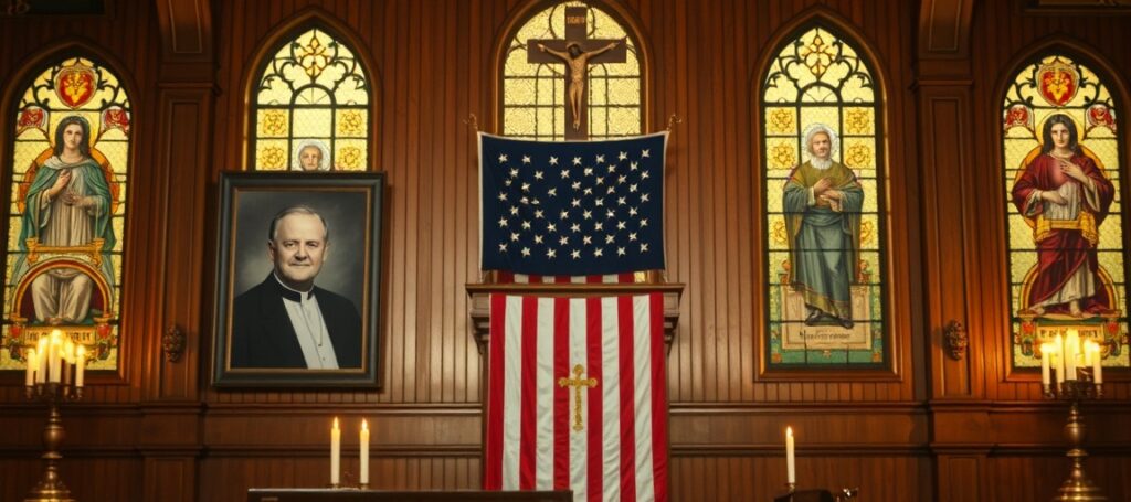 Traditional Catholic interior with portraits of Archbishop John Carroll and Charles Carroll of Carrollton beside an American flag draped in mourning over a confessional booth, symbolizing the contradiction between Catholic faith and Masonic Americanism