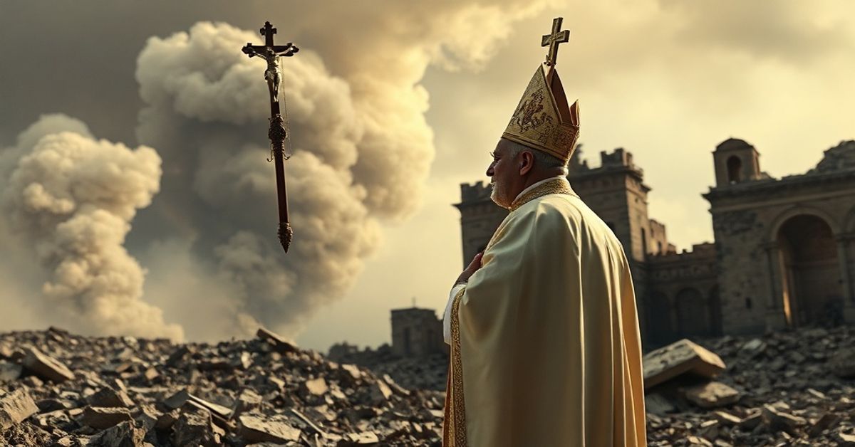 A solemn bishop in pontifical attire stands in the ruins of a bombed-out church, holding a crucifix aloft amidst the smoke of war.