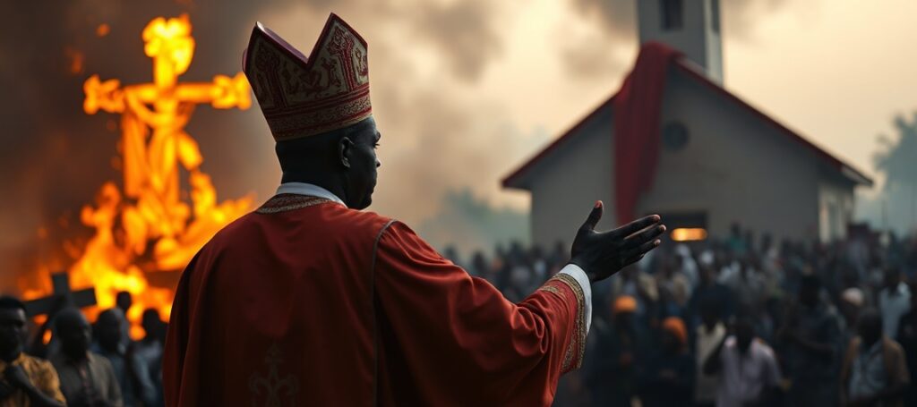 A critical depiction of a Nigerian "bishop" preaching conciliar reductionism amid violence in Nigeria, ignoring the Cross and social Kingship of Christ.