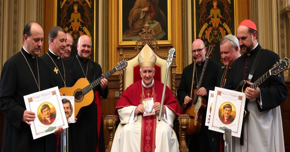 A critical depiction of the false "Pope Leo XIV" receiving albums from the Hillbilly Thomists band in the Vatican.