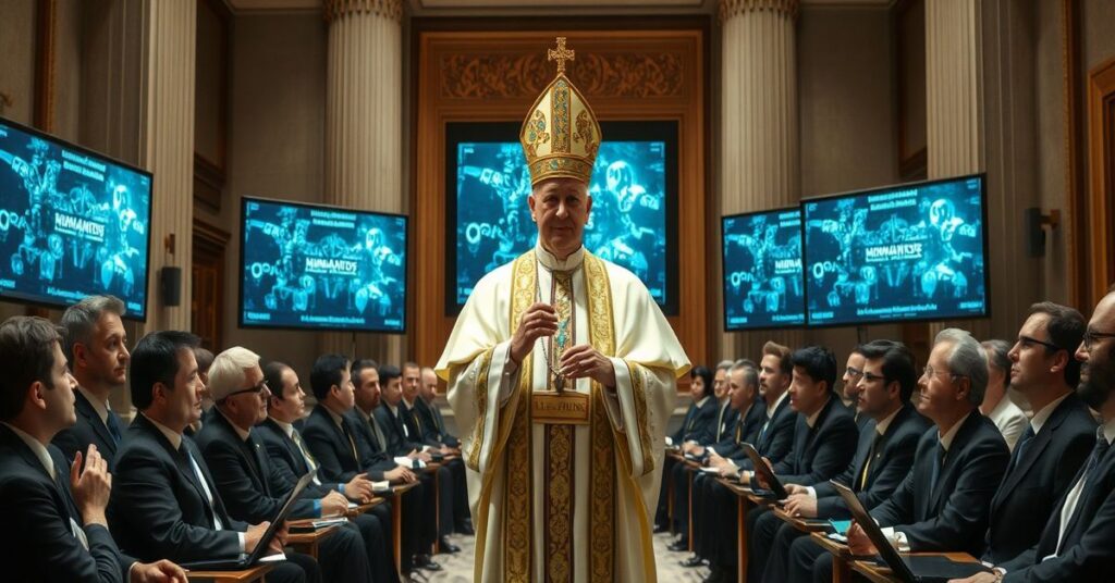A solemn image depicting the false 'Pope Leo XIV' and Vincent Higgins of the Builders AI Forum presenting a secular humanist AI system in a modern Vatican setting.