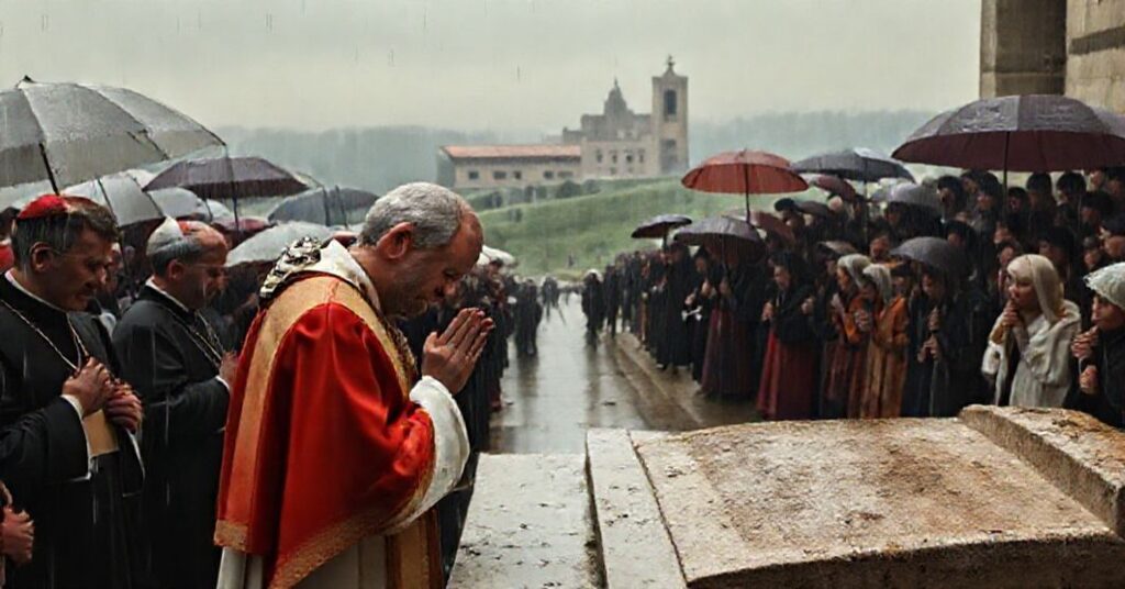 A solemn, realistic depiction of a man presenting himself as 'Pope Leo XIV' praying at the tomb of St. Francis in Assisi, surrounded by a reverent but deceptive atmosphere.