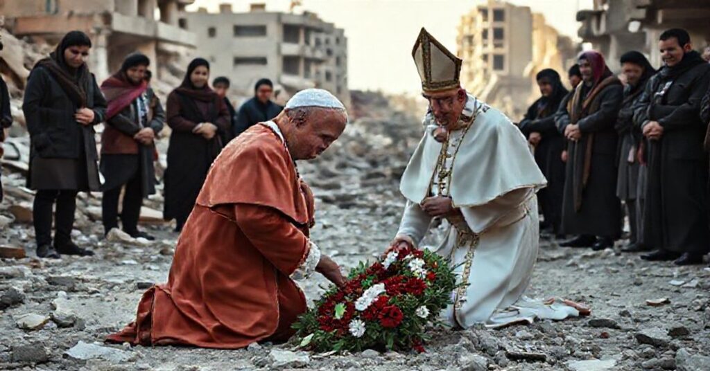 False pope Leo XIV kneeling at Beirut blast site amidst ruins, surrounded by grieving families.