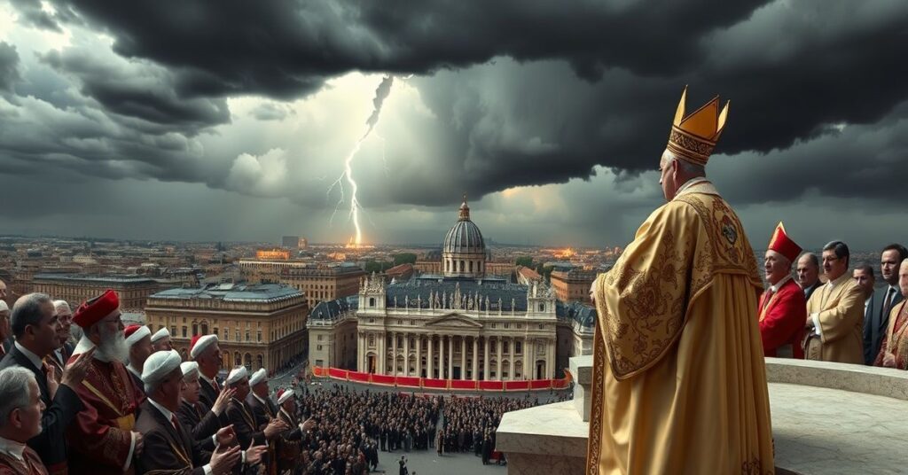 False Pope Leo XIV delivers a speech promoting naturalistic peace while denying Christ's Kingship, with modernist clergy and world leaders gathered in the Vatican.