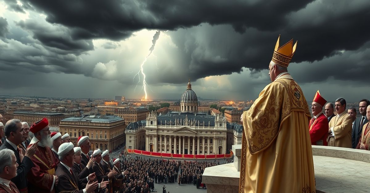 False Pope Leo XIV delivers a speech promoting naturalistic peace while denying Christ's Kingship, with modernist clergy and world leaders gathered in the Vatican.