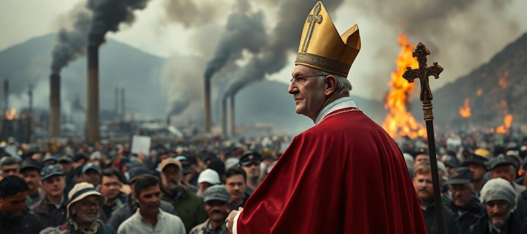 False Pope Leo XIV (Robert Prevost) in the 'Land of Fires,' Naples - a desolate industrial wasteland with burning waste and suffering locals.