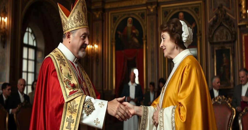 False Pope Leo XIV meets with Anglican woman Sarah Mullally in a solemn hall, symbolizing apostasy and betrayal of Catholic doctrine.