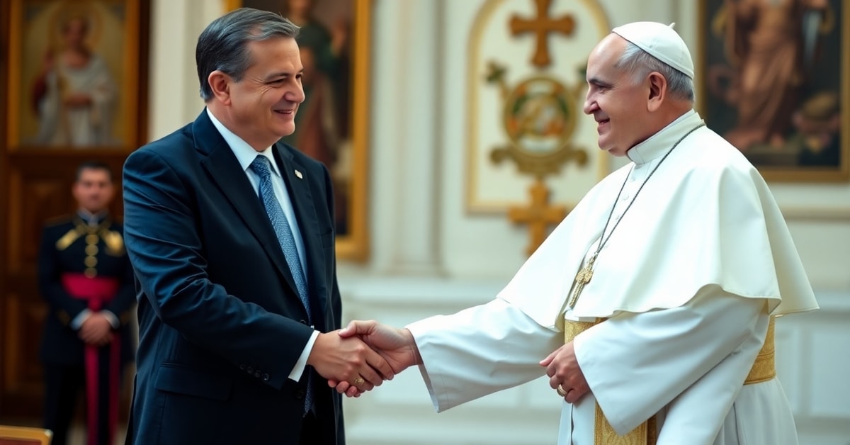 False pope Leo XIV shaking hands with Peruvian President José María Balcázar in a government palace setting