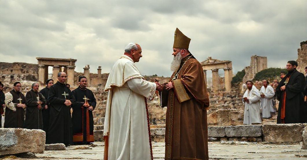 False pope Leo XIV and Orthodox Patriarch Bartholomew I at the ruins of Nicaea during an ecumenical gesture.
