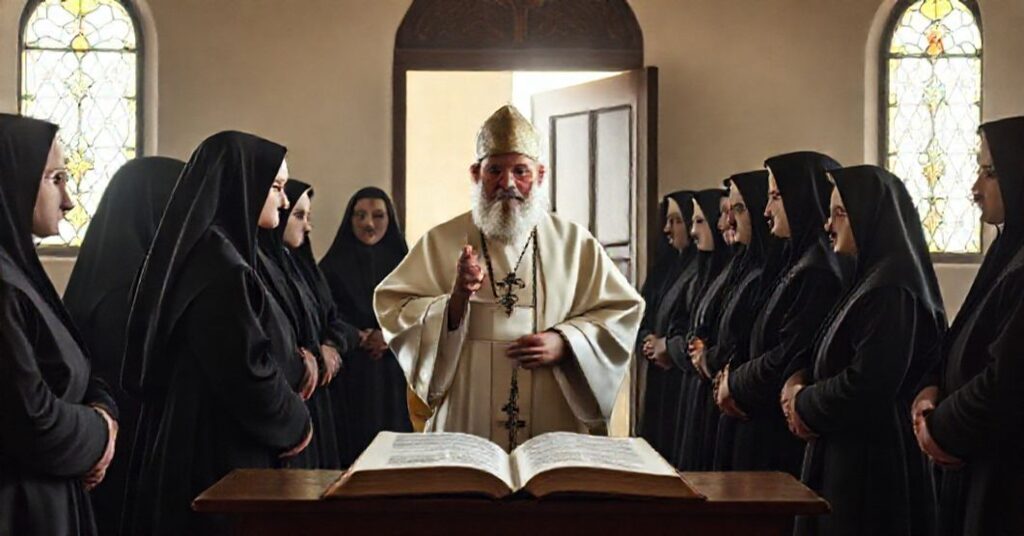 False shepherd Robert Prevost delivering a hollow blessing to Carmelite Sisters in Harissa, Lebanon.