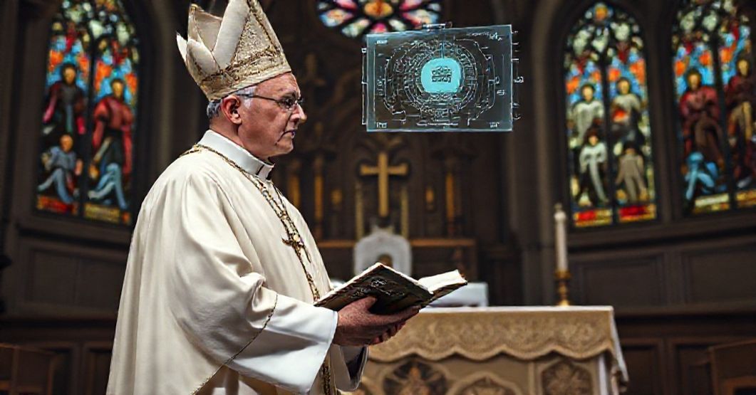A Catholic bishop in traditional vestments disapprovingly observing an AI interface in a church setting.