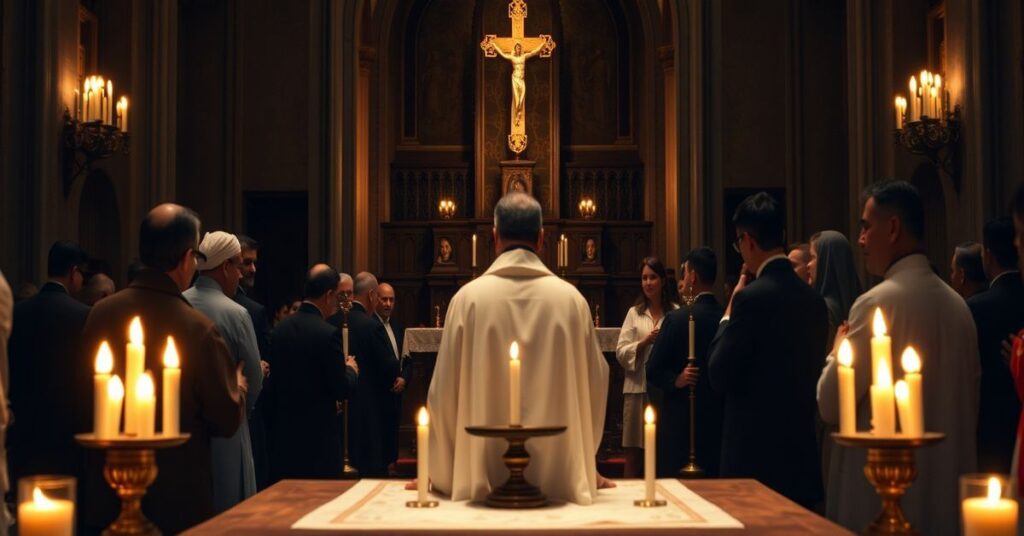 A solemn image depicting Father Ángel Ayala in traditional Jesuit vestments during a pre-1958 Mass, surrounded by laypeople forming a 'select minority' group. The altar is adorned with pre-conciliar liturgical elements.