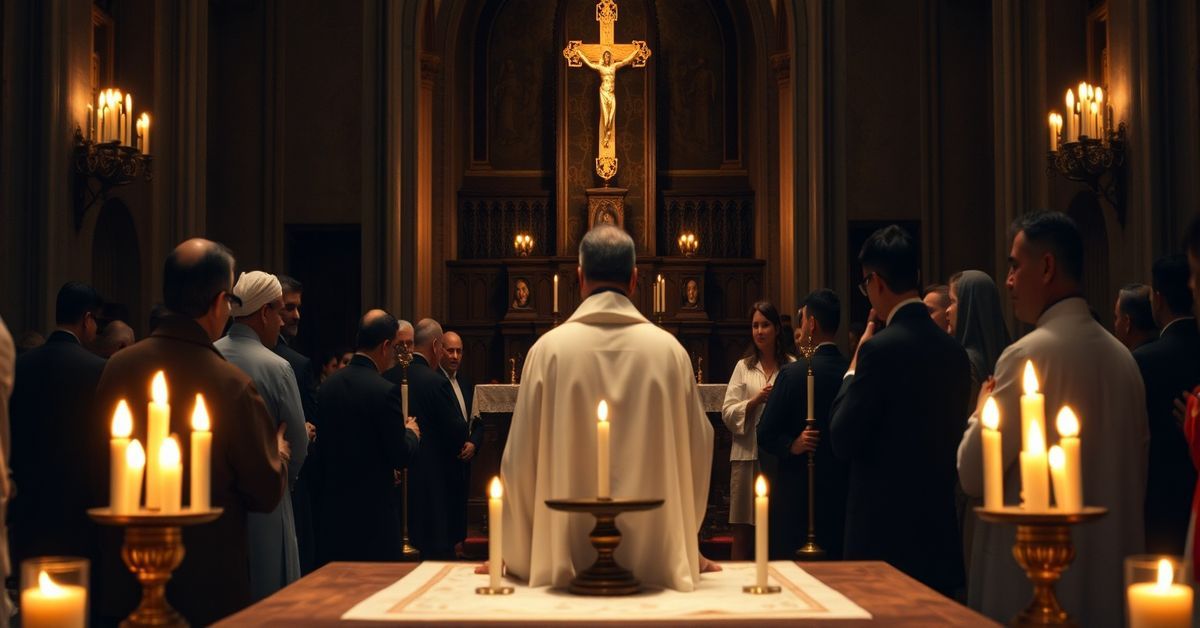 Father Ángel Ayala and the Apostasy of the Conciliar Sect A solemn image depicting Father Ángel Ayala in traditional Jesuit vestments during a pre-1958 Mass, surrounded by laypeople forming a 'select minority' group. The altar is adorned with pre-conciliar liturgical elements.