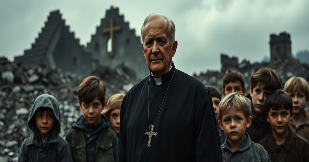 Portrait of Father Edward J. Flanagan amidst impoverished boys in post-war Germany, symbolizing naturalistic humanism overshadowing Catholic sanctity.
