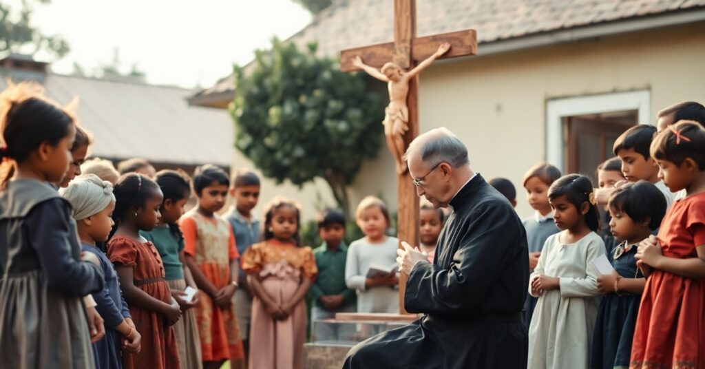 Traditional Catholic priest praying with diverse children at Boys Town orphanage in mid-century setting
