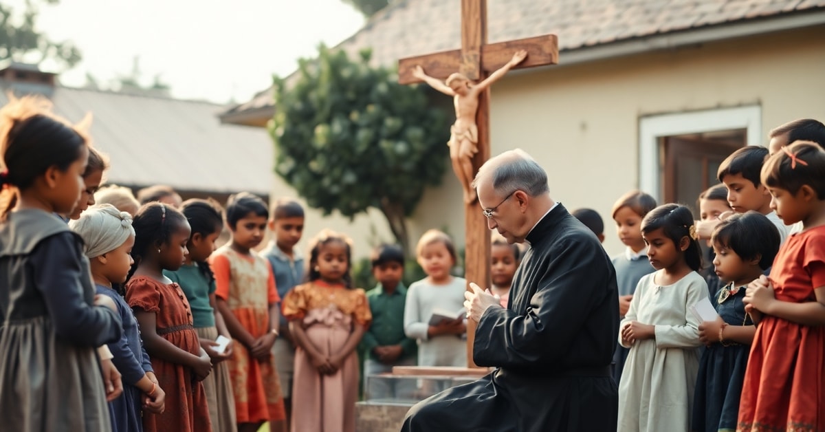 Traditional Catholic priest praying with diverse children at Boys Town orphanage in mid-century setting