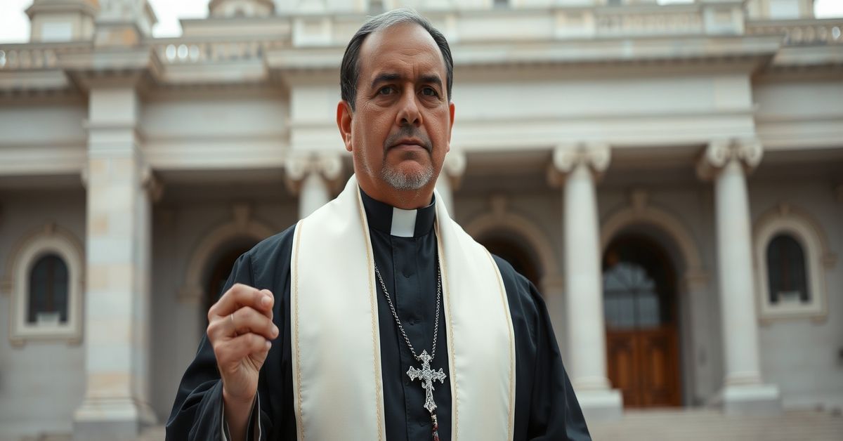 A traditional Catholic priest in Brazil stands solemnly before the Supreme Federal Court, holding a rosary and reflecting deep faith amid legal turmoil.