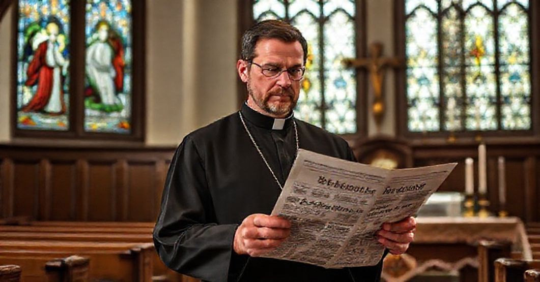 Catholic priest Kelsey Reinhardt in a chapel with Quas Primas, reacting to Trump's marijuana deregulation news.