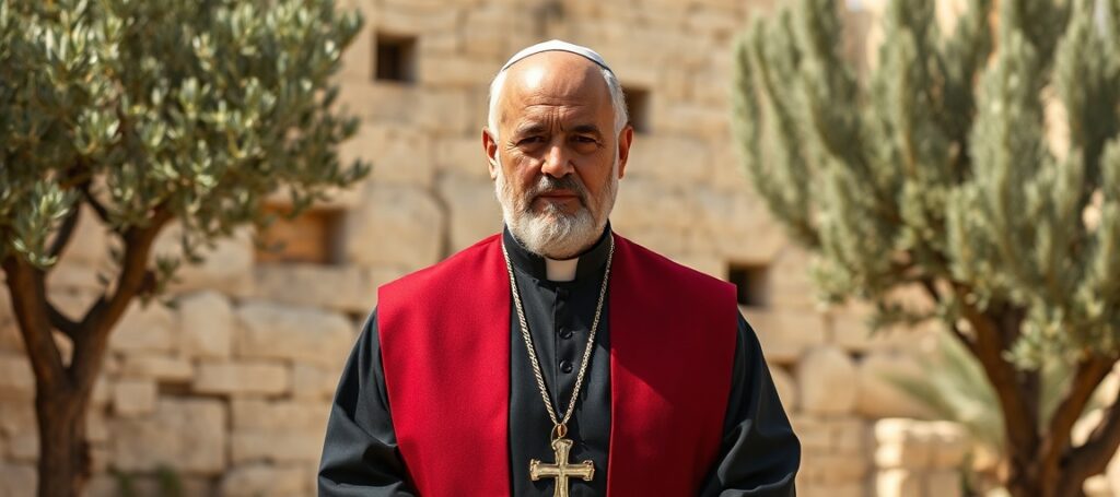 Father Louis Salman standing solemnly in the Holy Land, reflecting his sacrifice for speaking the truth amidst Church silence.