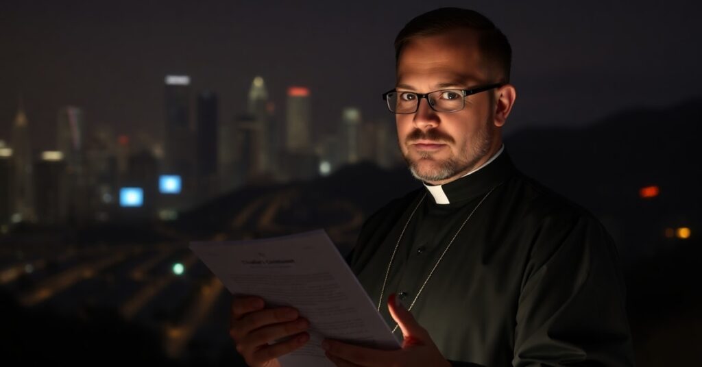 A solemn image of Father Brendan McGuire holding 'Claude's Constitution' against the backdrop of Silicon Valley and AI technology, symbolizing the Church's surrender to transhumanism.