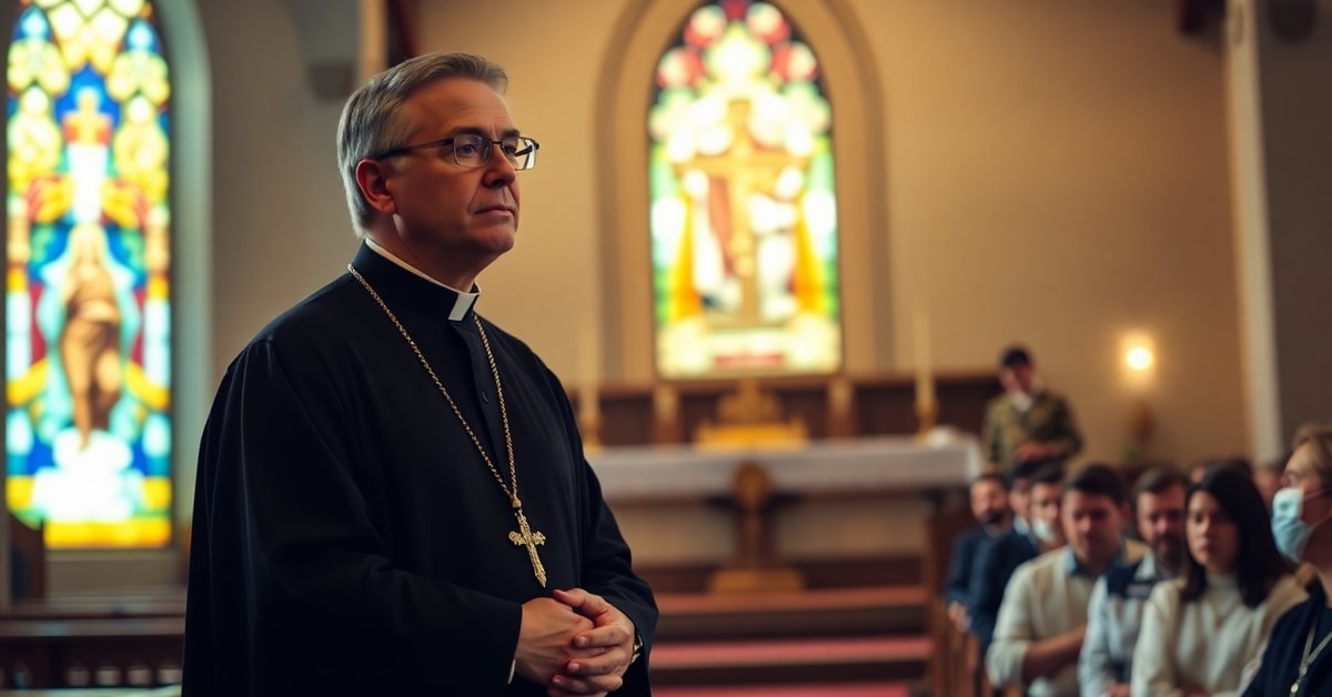 Father Mitch Pacwa in a modernist church setting during a Novus Ordo liturgy, symbolizing theological compromise and the crisis in the Church.