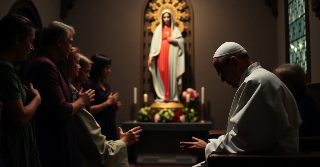 Father Patrick Peyton kneeling in prayer with a family reciting the rosary in a traditional Catholic chapel.