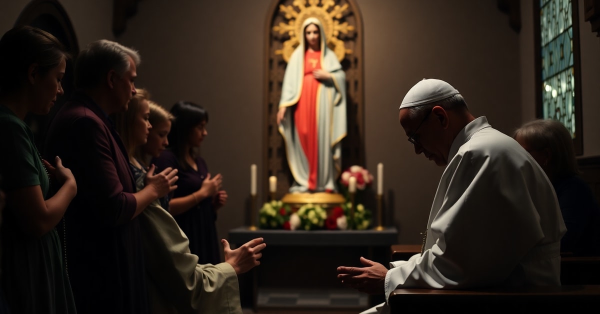 Father Patrick Peyton kneeling in prayer with a family reciting the rosary in a traditional Catholic chapel.