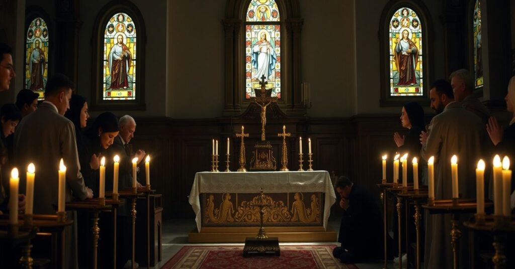 A solemn depiction of Father Pierre al-Rahi praying before a Catholic altar, symbolizing the loss of supernatural focus in his death.