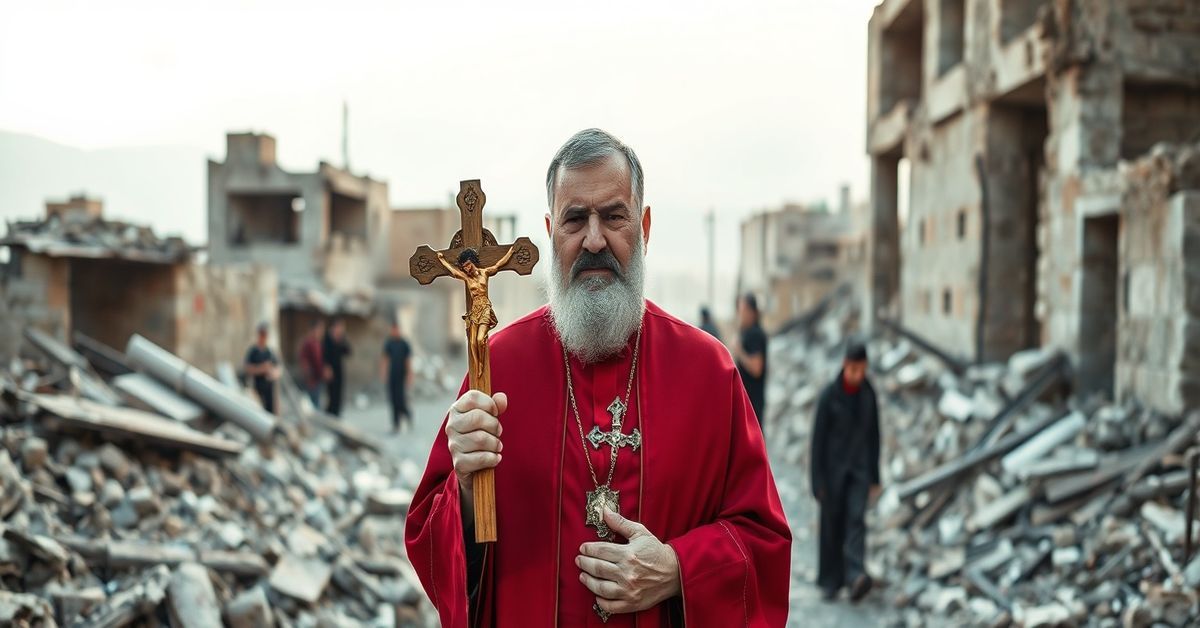 A solemn portrait of Father Pierre al-Rahi, a Maronite priest in traditional vestments, standing amidst the ruins of war-torn Lebanon, holding a crucifix.