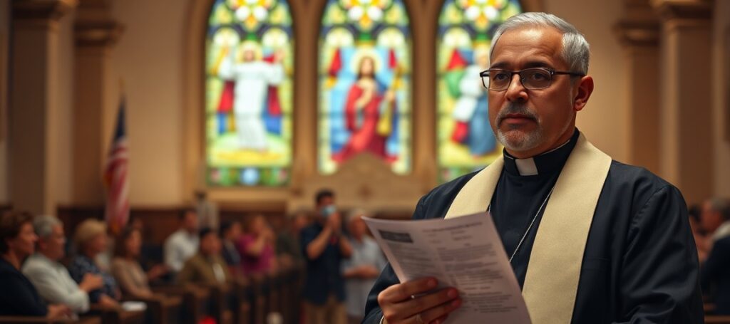 Father Duberley Salazar in a Catholic church sanctuary, holding a voting ballot, conflicted between faith and secular democracy.