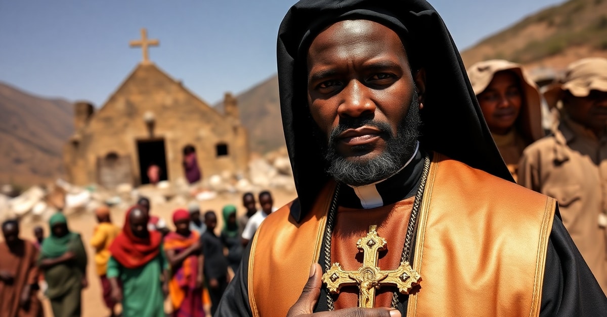 Catholic martyr Father Youhanna Al-Amin in war-torn Nuba Mountains holding a crucifix as a witness to Christ amid violence and destroyed church
