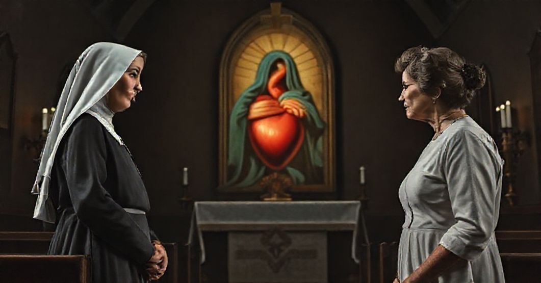 Sister Lucia dos Santos and Dr. Branca Pereira Acevedo in a somber Catholic chapel, symbolizing the fraud of Fátima and the subversion of Catholic piety.