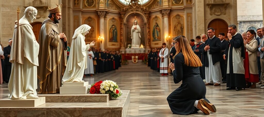 A devout Catholic woman prays at the Fatima apparition site, surrounded by statues of saints in a solemn pilgrimage scene.
