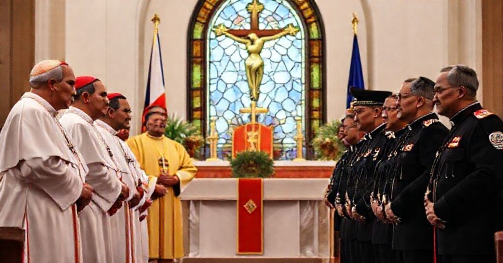 Filipino bishops in liturgical vestments addressing military officers, emphasizing the tension between divine law and secular authority.