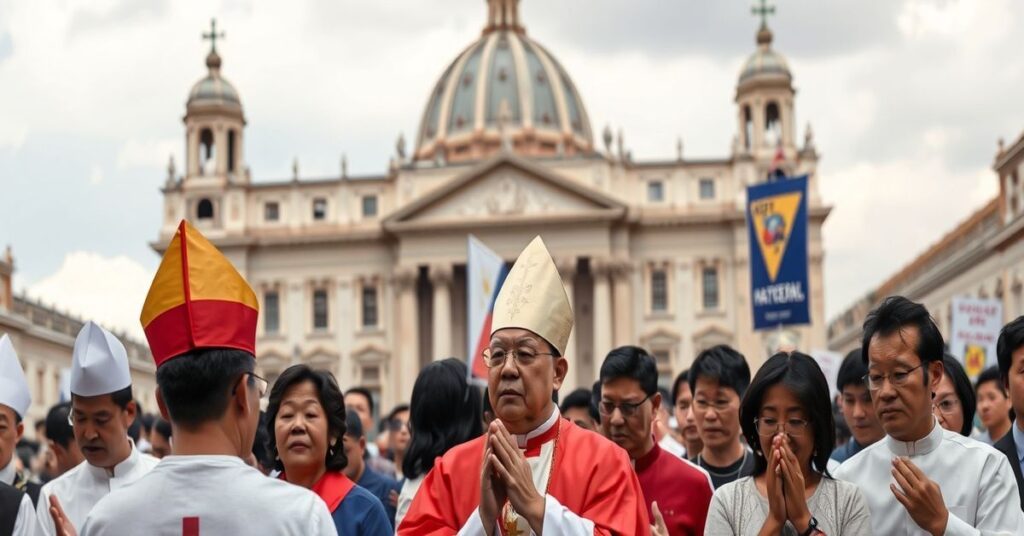 A somber gathering of Filipino clergy and faithful in Rome reflecting on the EDSA People Power Revolution with a focus on its naturalist ideals and absence of supernatural purpose.