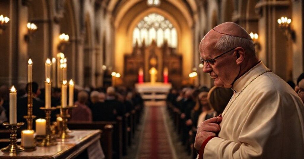 A Catholic church interior with a focus on a traditional altar and a somber Cardinal Timothy Dolan near the sold Gothic Revival chancery.