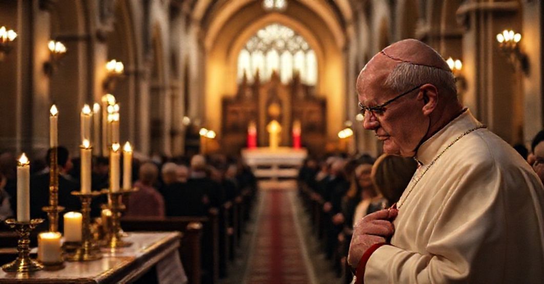 A Catholic church interior with a focus on a traditional altar and a somber Cardinal Timothy Dolan near the sold Gothic Revival chancery.