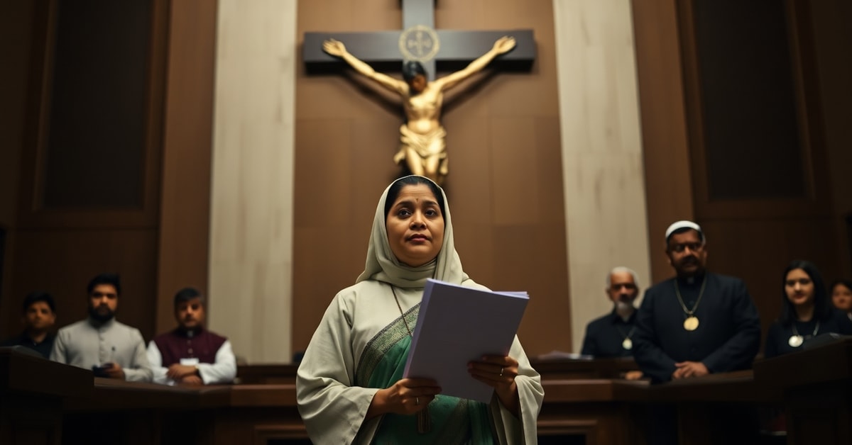 A Catholic woman in Bangladeshi Parliament advocating for development funds, symbolizing the naturalistic reduction of faith.