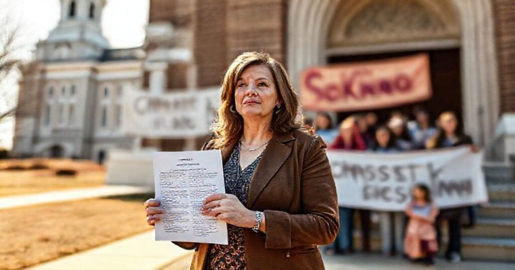 Aimee Huber from First Choice Women's Resource Centers standing defiantly outside a Catholic church with supporters praying and a banner reading 'Christ the King', against the backdrop of the New Jersey statehouse.