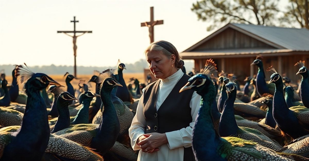 Flannery O'Connor standing amidst peacocks at her Andalusia farm, symbolizing the dethronement of Christ the King for creaturely beauty.