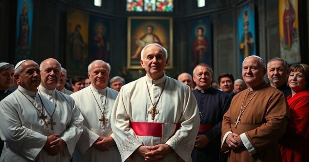 Florida bishops in a cathedral setting, emphasizing the conflict between Catholic sovereignty doctrine and humanitarianism.